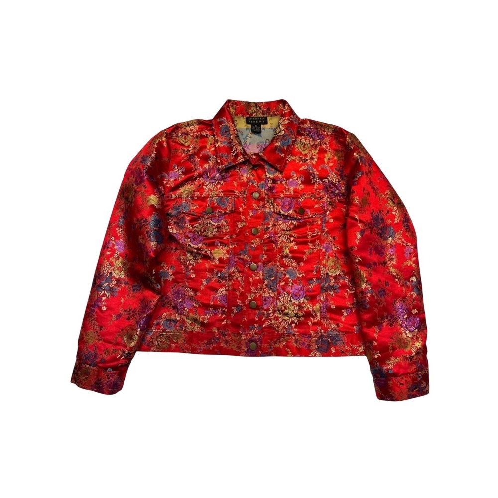 Spenser Jeremy Red Floral Brocade Asian Inspired Metallic Satin Jacket Size XL
